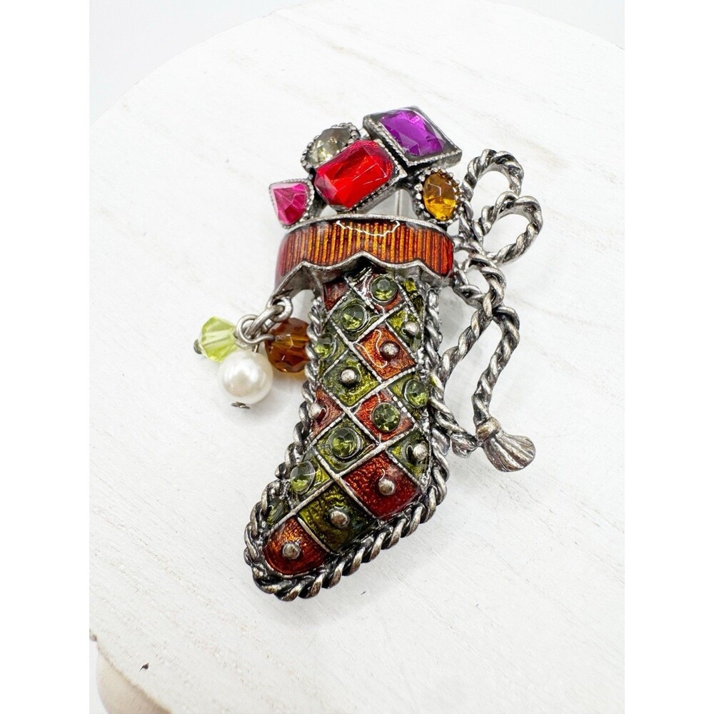 KC Kenneth Cole Classic Christmas Stocking Crystal Gems Brooch Cha Cha Beads
